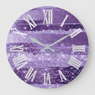 PURPLE VIOLET  STROKES Glitter Gray Roman Numbers Large Clock