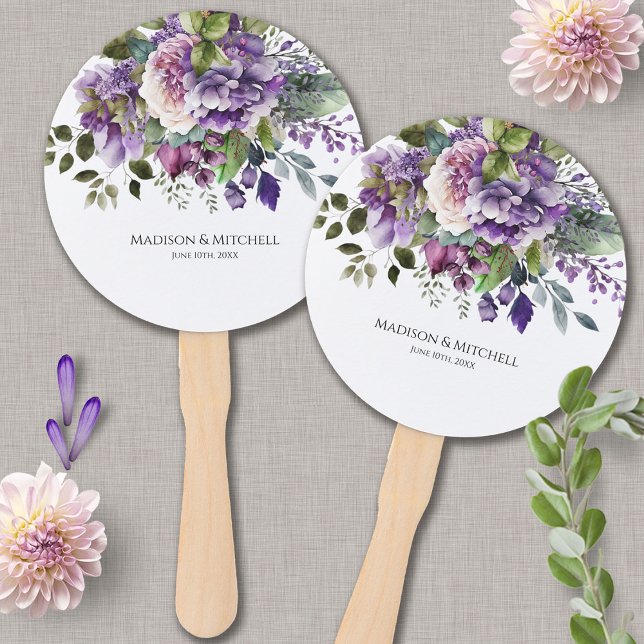Purple Violet Watercolor Bouquet Gold Script Hand Fan (Creator Uploaded)