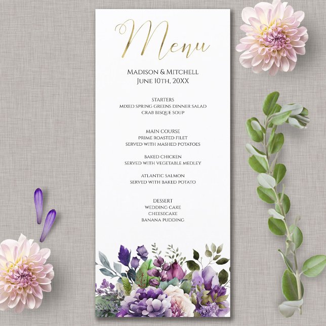 Purple Violet Watercolor Bouquet Gold Script Menu (Creator Uploaded)