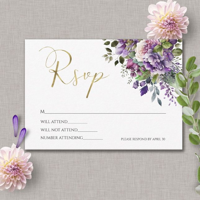 Purple Violet Watercolor Bouquet Gold Script RSVP Card (Creator Uploaded)