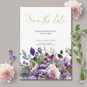 Purple Violet Watercolor Bouquet Gold Script Save The Date