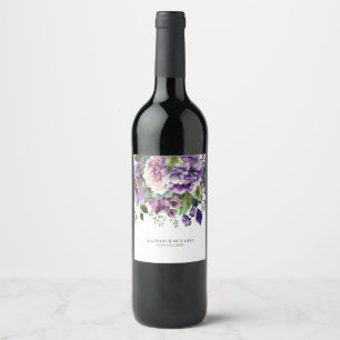 Purple Violet Watercolor Bouquet Gold Script Wine Label