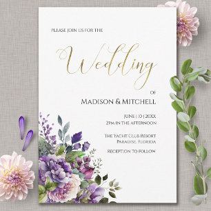 Purple Violet Watercolor Bouquet Gold Wedding Invitation
