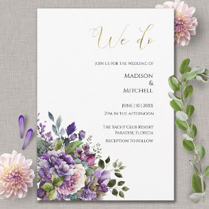 Purple Violet Watercolor Bouquet Gold Wedding Invitation