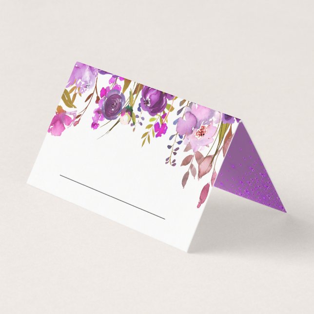 Purple Violet Watercolor Floral Wedding Place Card (Front)