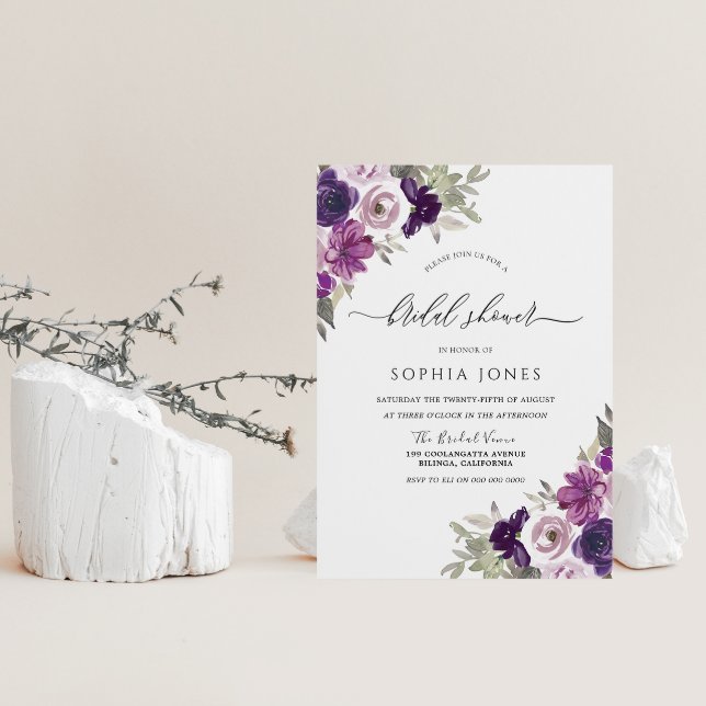 Purple Violet Watercolor Flowers Bridal Shower Invitation (Creator Uploaded)