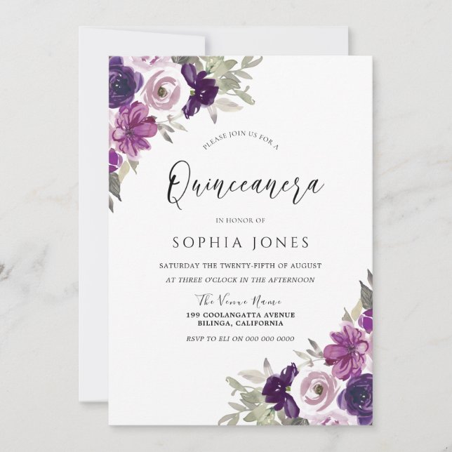 Purple Violet Watercolor Flowers Quinceanera Party Invitation (Front)