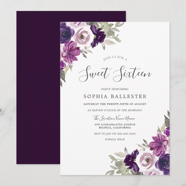 Purple Violet Watercolor Flowers Sweet 16 Party Invitation (Front/Back)