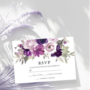 Purple Violet Watercolor Flowers Wedding Details Enclosure Card