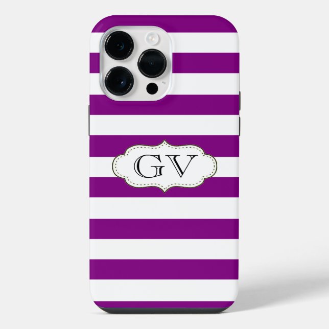 Purple Violet & White Stripes Initials Monogram iPhone Case (Back)