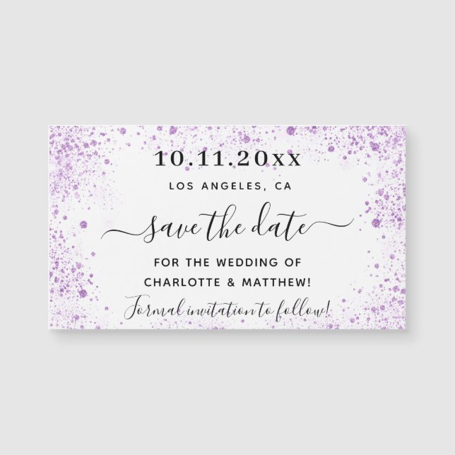 Purple violet white wedding save the date magnet (Front)