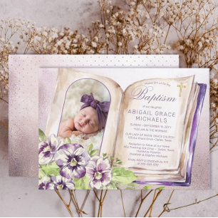 Purple Violets Arched Photo Unique Baptism Invitation