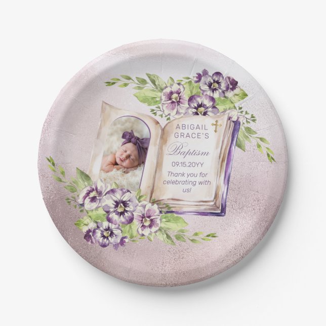 Purple Violets Arched Photo Unique Baptism Paper Plate (Front)