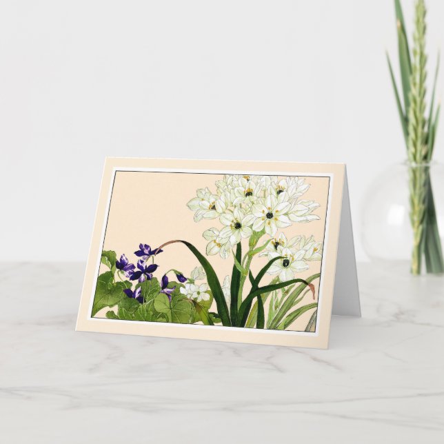 Purple Violets & White Scillia, Botanical Art Card (Front)