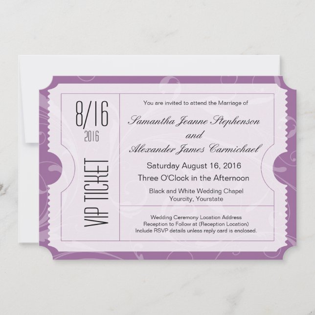 Purple VIP Wedding Ticket Invitations (Front)