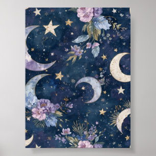 Purple Wall Art Floral Moon Bedroom Decor