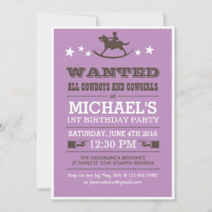 Purple Wanted Western Cowboy Birthday Invitation