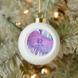 Purple Water Droplets Blue and White Ombre Ceramic Ball Christmas Ornament