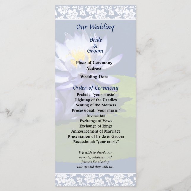 Purple Water Lilies in Sunshine Wedding Program Programme (Front)