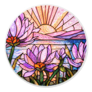 Purple Water Lily Faux Stained Glass Sunburst Sun Ceramic Knob