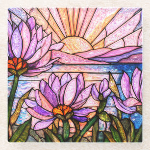 Purple Water Lily Faux Stained Glass Sunburst Sun Coaster