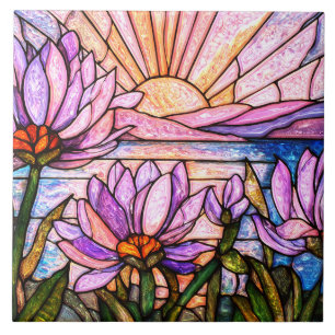 Purple Water Lily Faux Stained Glass Sunburst Sun Tile