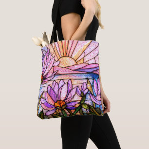 Purple Water Lily Faux Stained Glass Sunburst Sun Tote Bag