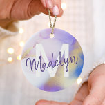 Purple Watercolor Abstract Girly Luxury Monogram Ceramic Tree Decoration<br><div class="desc">Easily personalize this glamorous style abstract lilac watercolor paint and faux gold spray background with your custom details.</div>