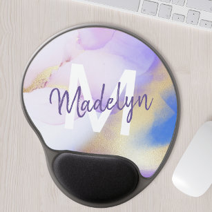 Purple Watercolor Abstract Girly Luxury Monogram Gel Mouse Pad