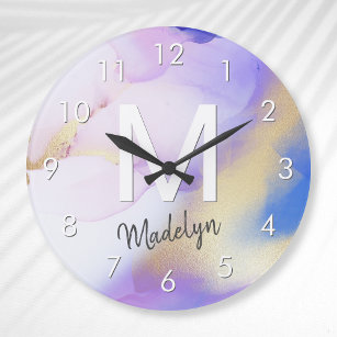 Purple Watercolor Abstract Girly Luxury Monogram Large Clock