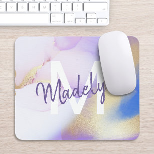Purple Watercolor Abstract Girly Luxury Monogram Mouse Pad
