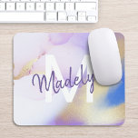 Purple Watercolor Abstract Girly Luxury Monogram Mouse Pad<br><div class="desc">Easily personalise this glamourous style abstract lilac watercolor paint and faux gold spray background with your custom details.</div>