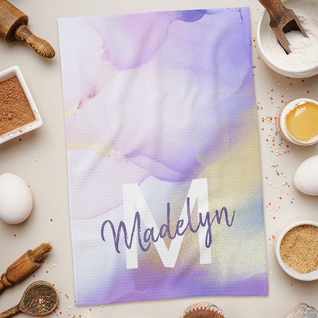 Purple Watercolor Abstract Girly Luxury Monogram Tea Towel (Creator Uploaded)