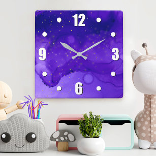 Purple Watercolor Abstract with Gold Glitter Stars Square Wall Clock