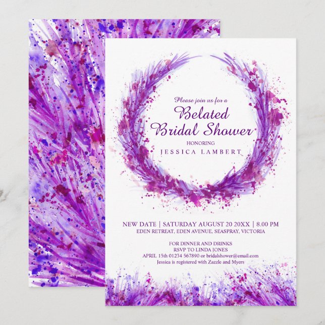 Purple watercolor art splat belated bridal shower invitation (Front/Back)