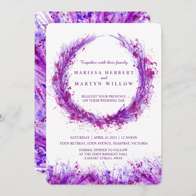 Purple watercolor art splatter wedding invitations (Front/Back)