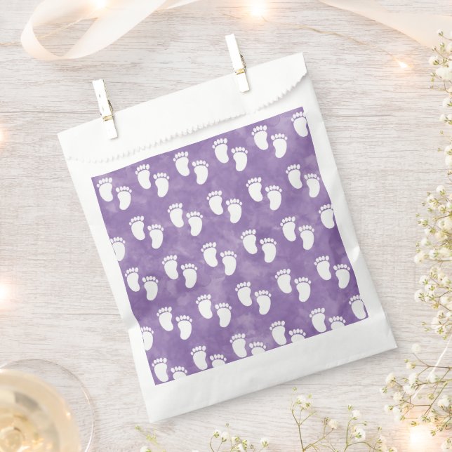 Purple Watercolor Baby Shower Footprint Pattern Favour Bags (Clipped)