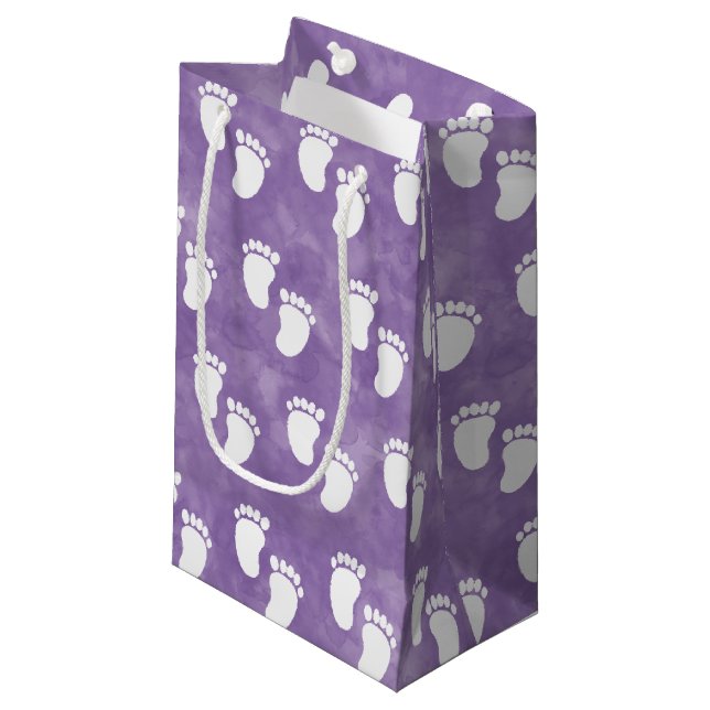 Purple Watercolor Baby Shower Footprint Pattern Small Gift Bag (Front Angled)
