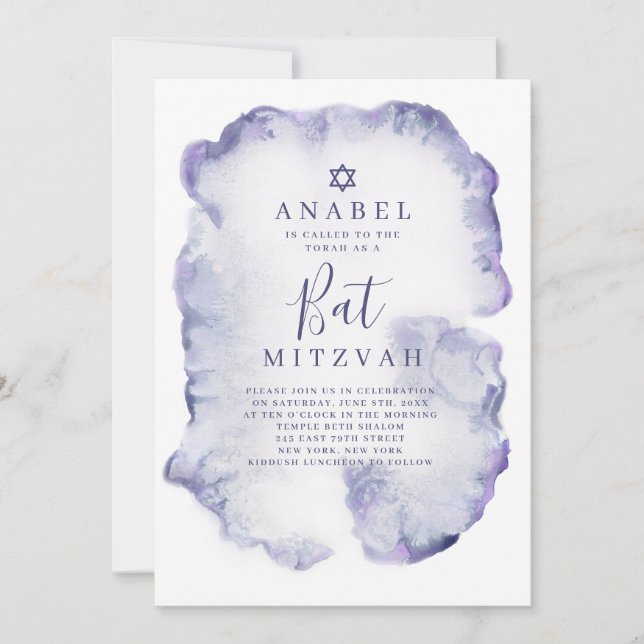 Purple Watercolor Bat Mitzvah Invitation (Front)