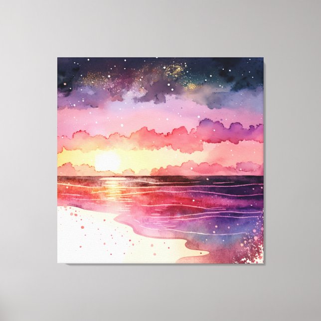 Purple Watercolor Beach Sunset Canvas Print (Front)