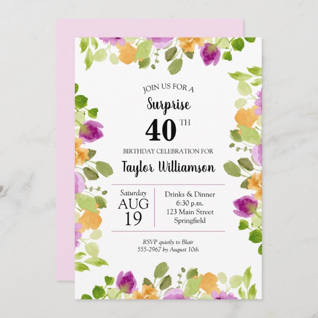 Purple Watercolor Blooms Birthday Invitations (Front/Back)