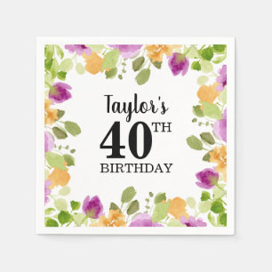 Purple Watercolor Blooms Floral Birthday Napkin