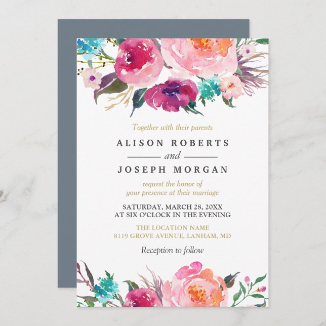 Purple Watercolor Botanical Wedding Invitation (Front/Back)