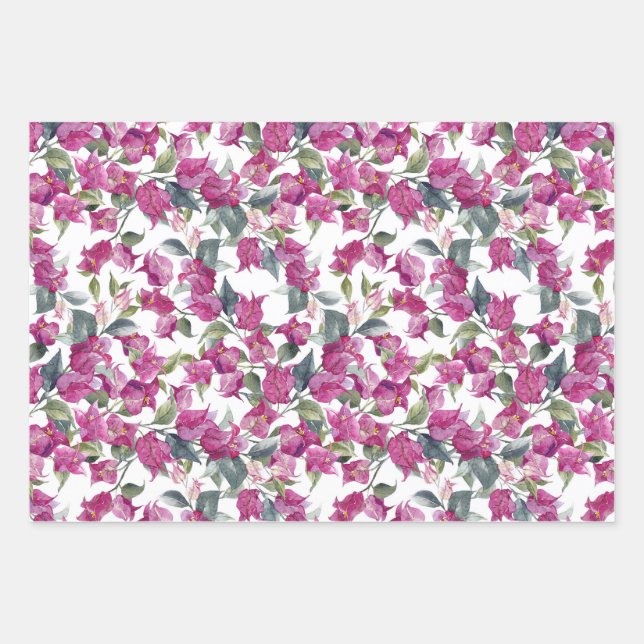 Purple Watercolor Bougainvillea Pattern Floral Wrapping Paper Sheet (Front)
