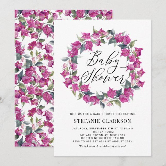Purple Watercolor Bougainvillea Wreath Baby Shower Invitation (Front/Back)