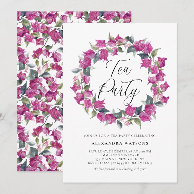Purple Watercolor Bougainvillea Wreath Tea Party Invitation (Front/Back)