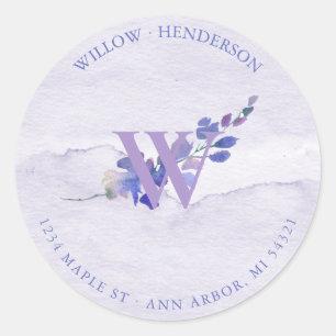 Purple Watercolor Bridal Shower Return Address  Classic Round Sticker