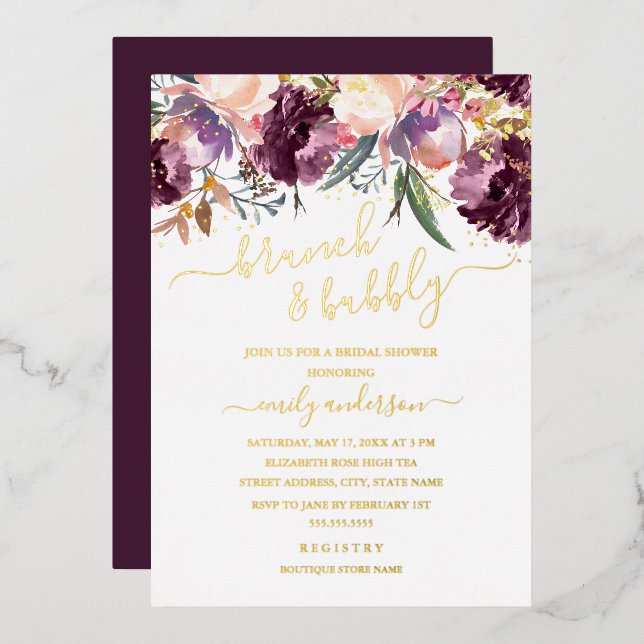 Purple Watercolor Brunch And Bubbly Bridal Shower (Front/Back)