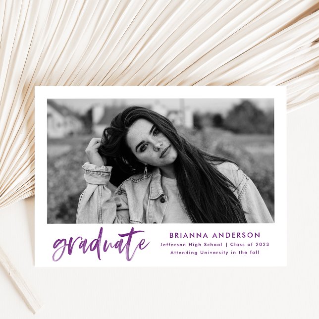 Purple Watercolor Brush Script Photo Graduation Announcement (Creator Uploaded)