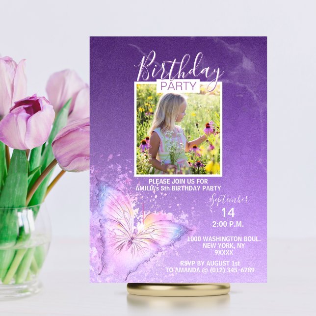 Purple Watercolor Butterfly Girl Birthday | PHOTO Invitation (Purple Watercolor Butterfly Girl Birthday  PHOTO Invitation | Lavender, Violet Colors)